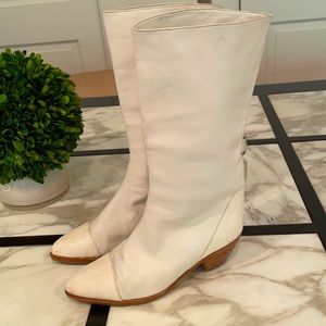 Handmade Cream Leather Boots w/ Crocodile Accents